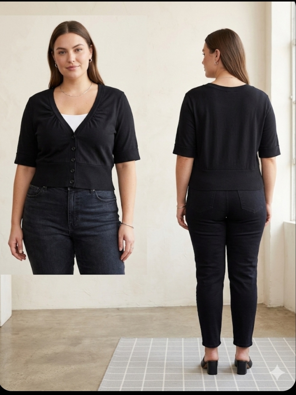 Mix & Co. Short Sleeve Button-Front Cropped Cardigan-Women 1X